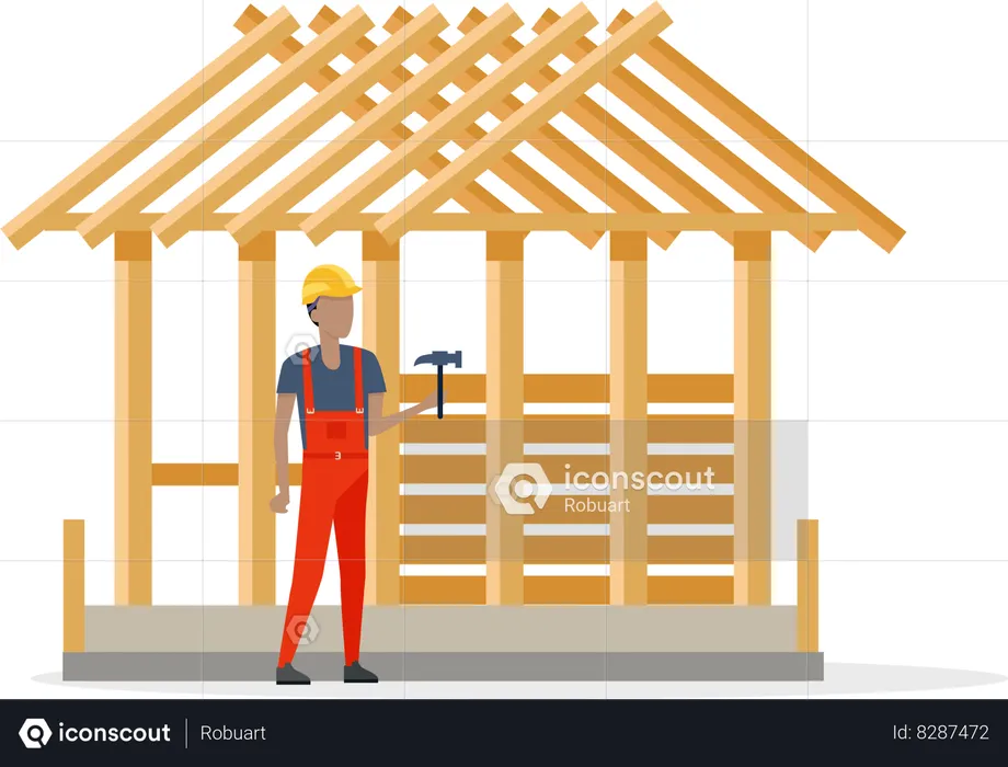 Builder in Helmet and Robe near Constructing House  Illustration