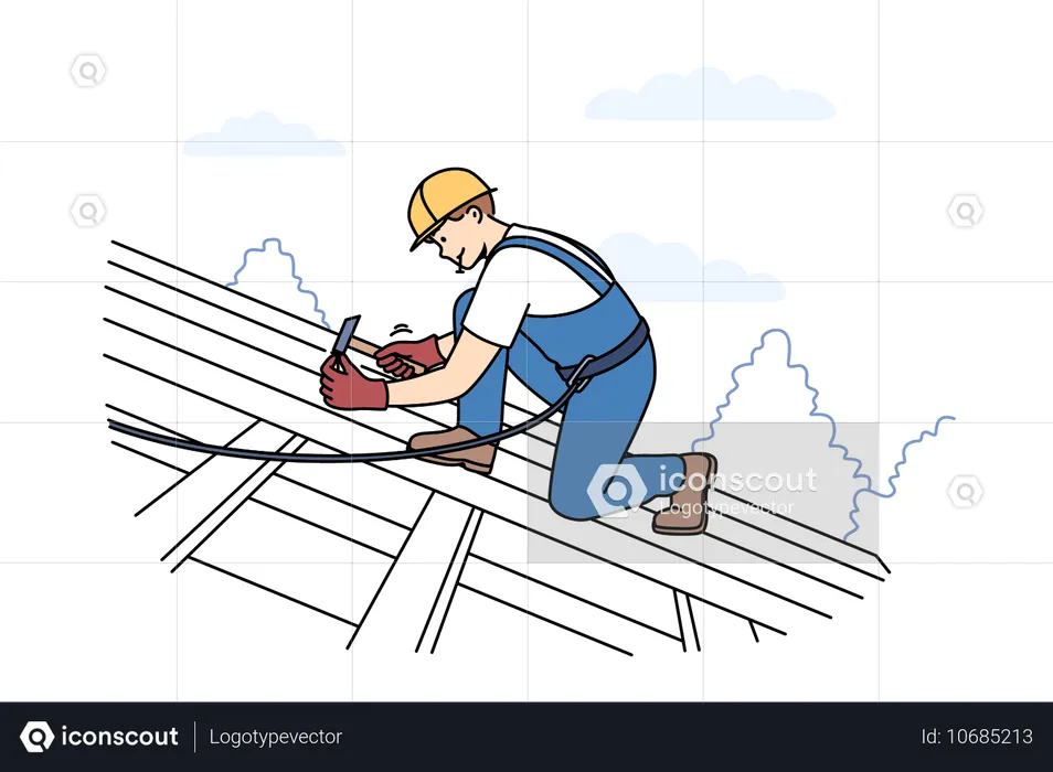 Builder installing shingles on roof  Illustration