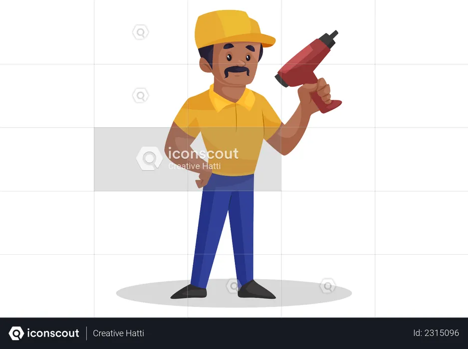 Builder is holding a drill machine in hand  Illustration