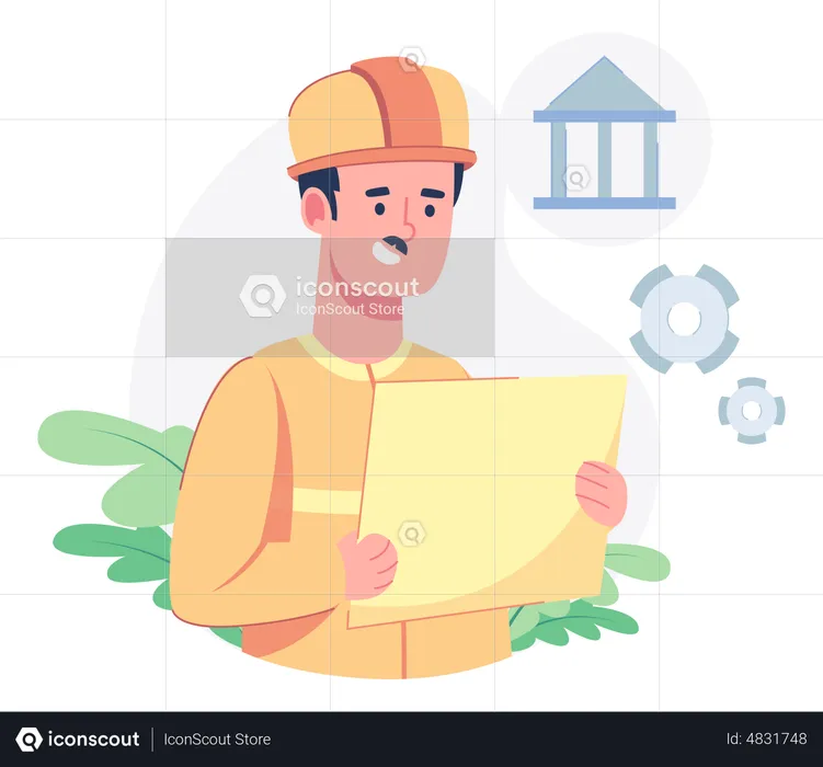 Builder looking architectural plan of project  Illustration