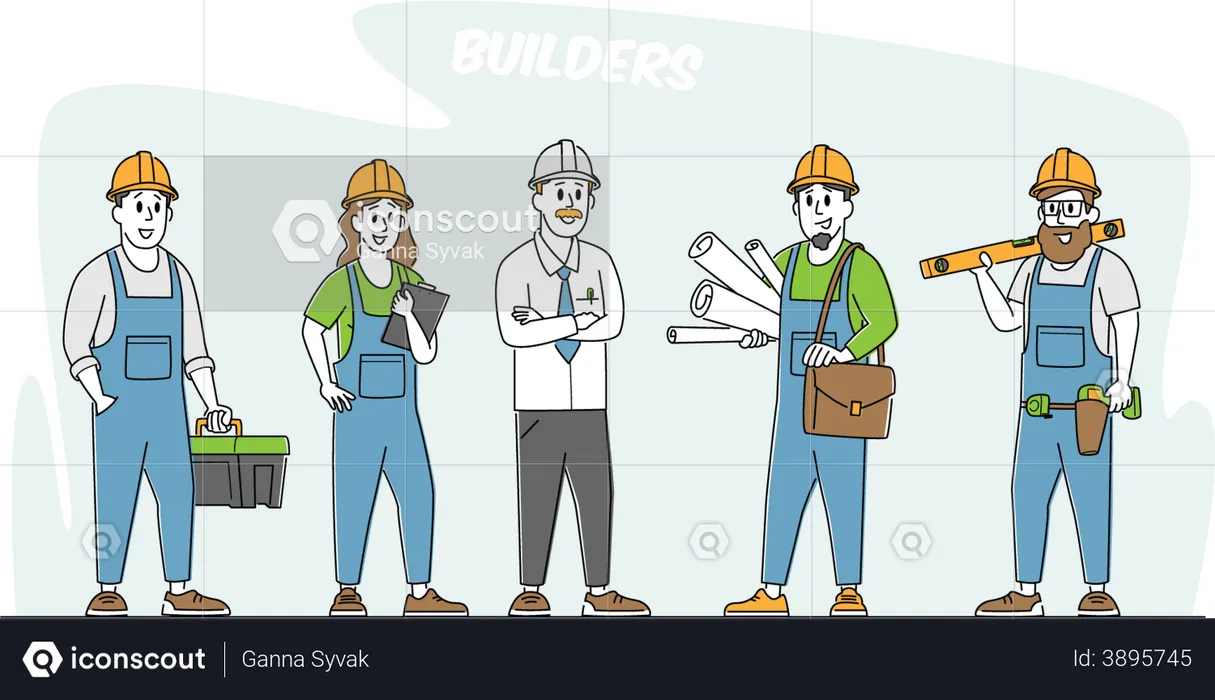 Builder team ready to work at site  Illustration