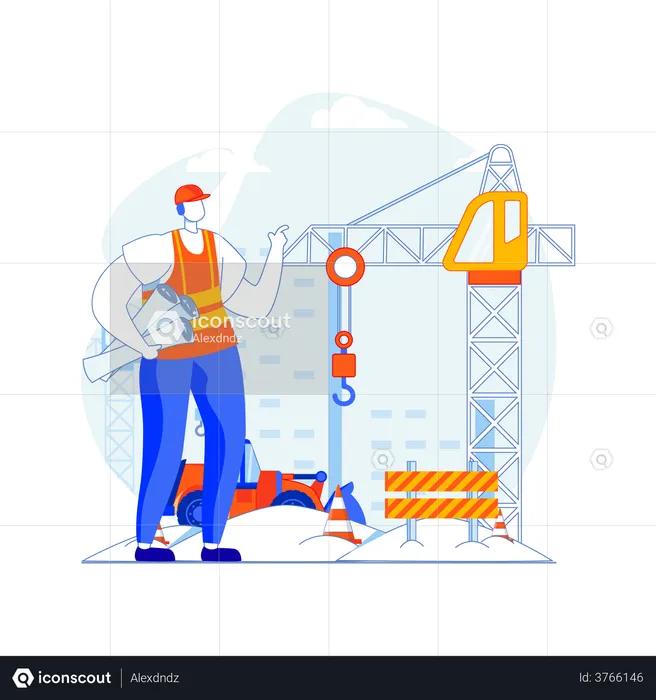 Builder with architecture plan at construction site  Illustration