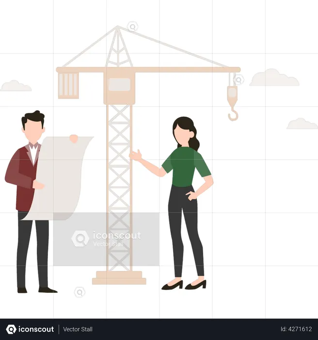 Builder with architecture plan at construction site  Illustration