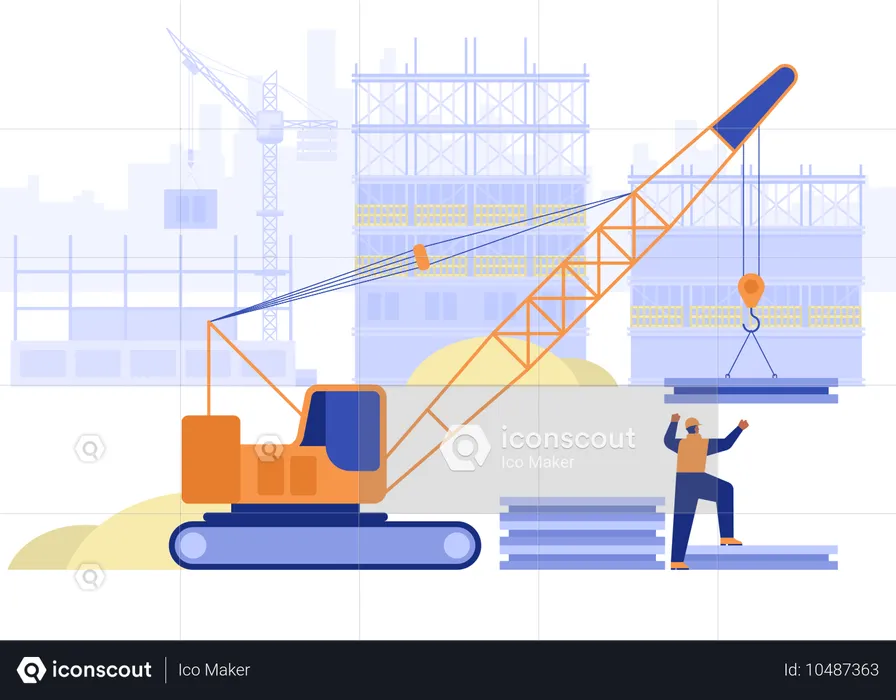 Builder working with crane to lift metal plates  Illustration