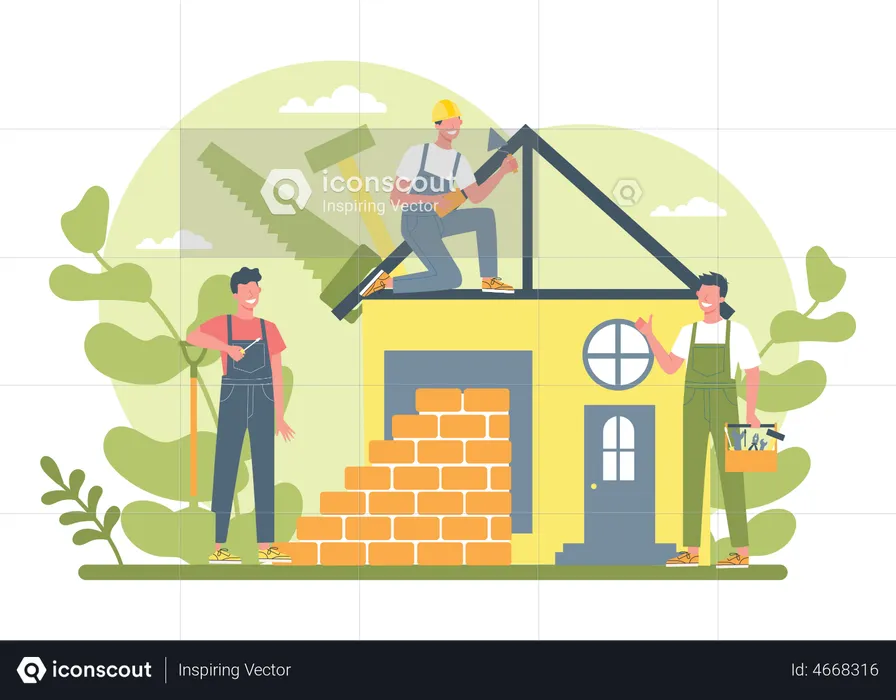 Builders building home  Illustration