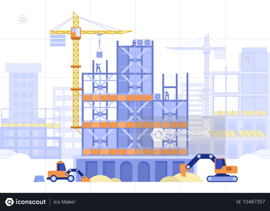 複数階建ての家を建てる建設業者  イラスト