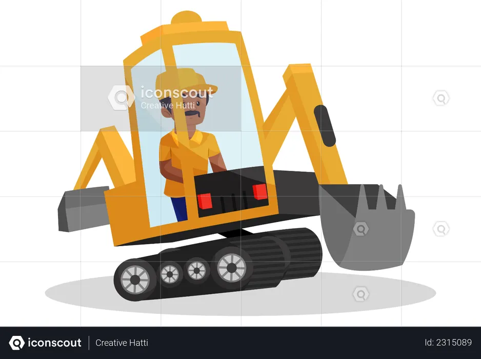 Building worker is sitting in an excavator machine  Illustration