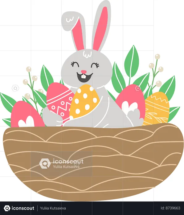 Bunny And Painted Eggs In Nest  Illustration
