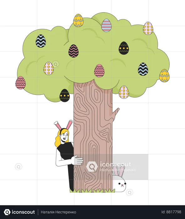 Bunny ears woman peeking around tree  Illustration