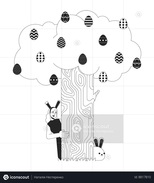 Bunny ears woman peeking around tree  Illustration