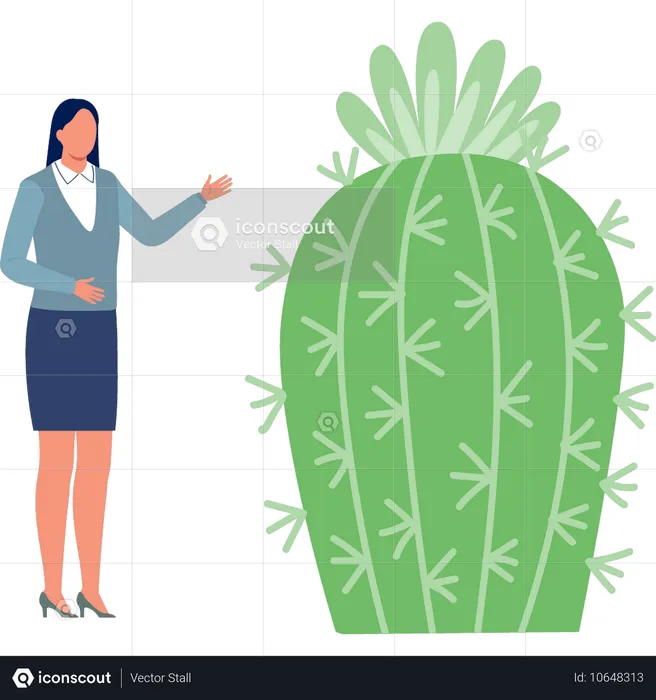 Femme de bureau montrant une plante Mammillaria  Illustration