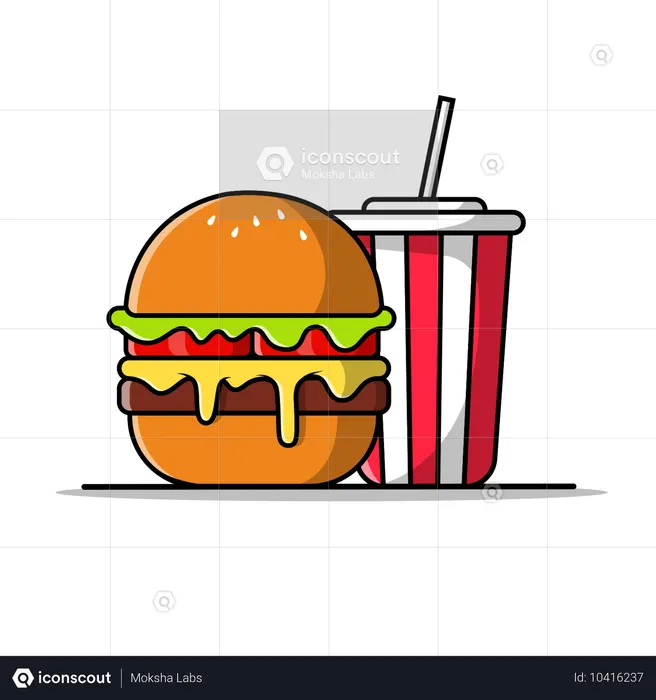 Burger With Soda Cup With Straw  Illustration