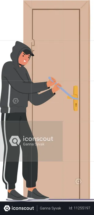 Burglar In Hoodie Using Crowbar To Pry Open Door  Illustration