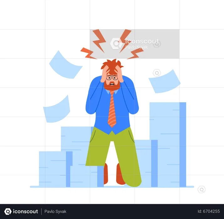 Burned Down Businessman in Depression Stand on Knees in Office with Docs  Illustration