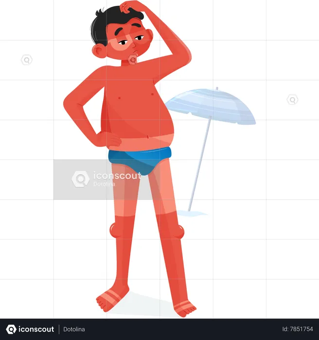 Burned man at beach  Illustration