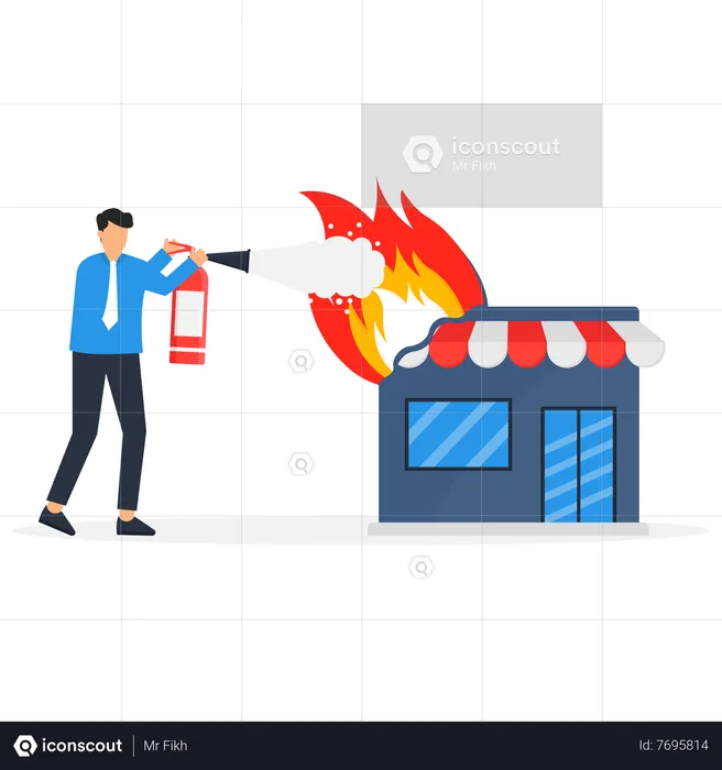 Burning shop is being extinguished from an extinguisher  Illustration