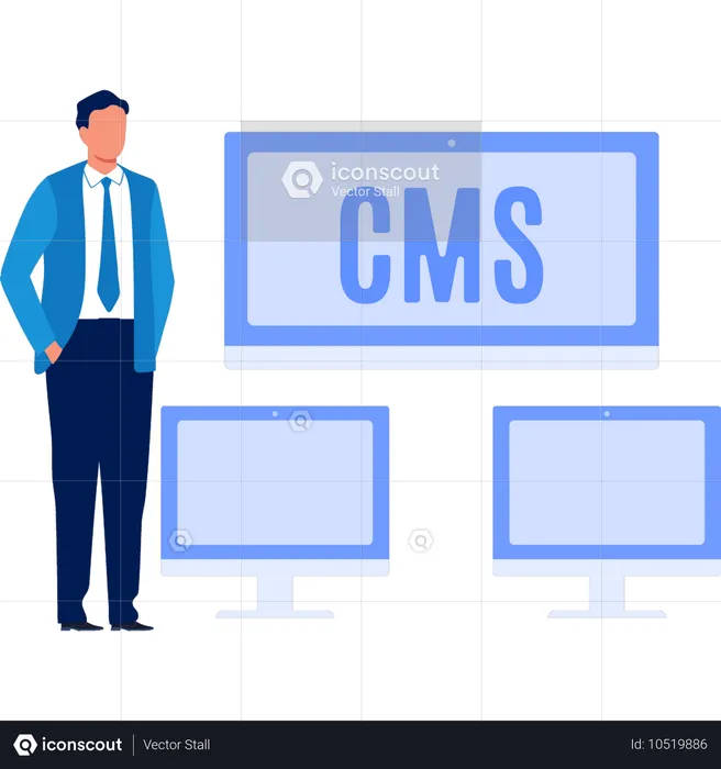 Büromann zeigt CMS-Content-Management-System  Illustration