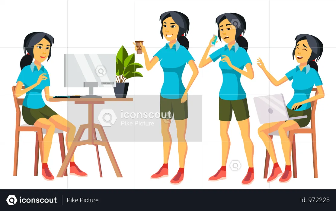 Büroangestellte, Vector., Woman., Glücklich, Clerk,, Servant,, Employee., Chinese,, Korea., Japanische, Unternehmerin, Person., Dame, Gesicht, Emotions,, Unterschiedliche, Gestures., Flache, Zeichen, Abbildung  Illustration