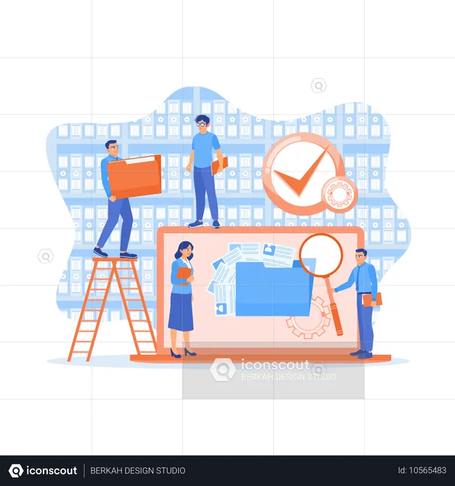 Büromitarbeiter speichern und suchen Dateien in Datenbanken  Illustration