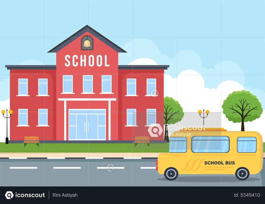 Bus arriving at school  Illustration