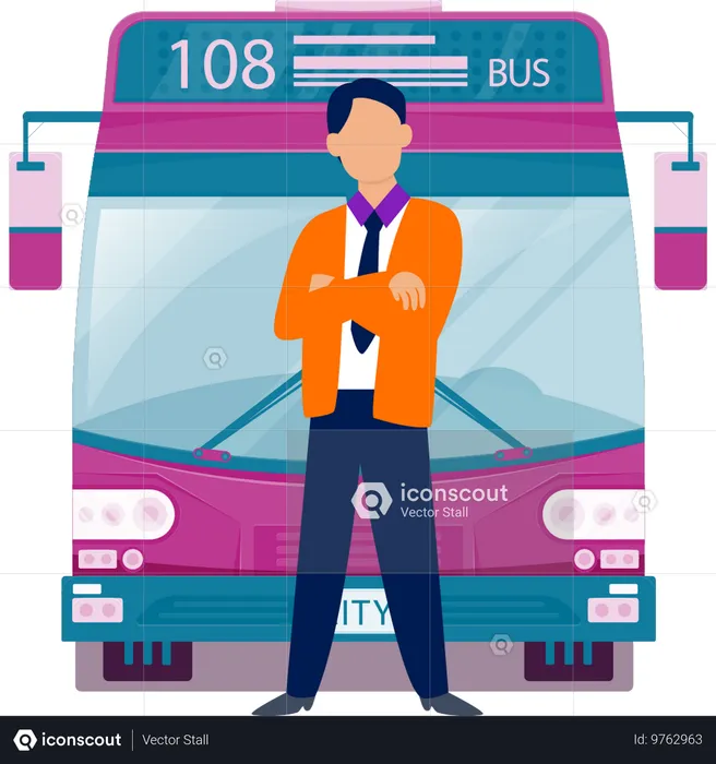 Bus driver giving standing with bus  Illustration