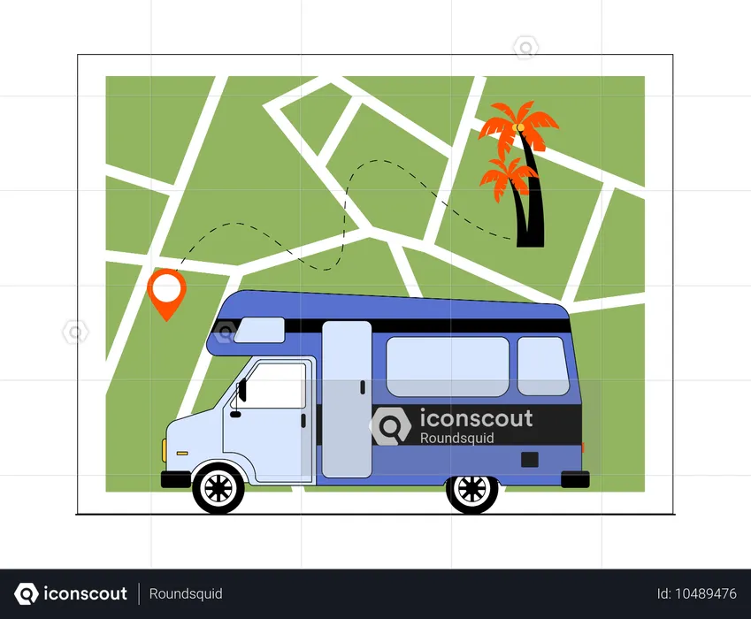 Bus tracking correct route to camping spot  Illustration