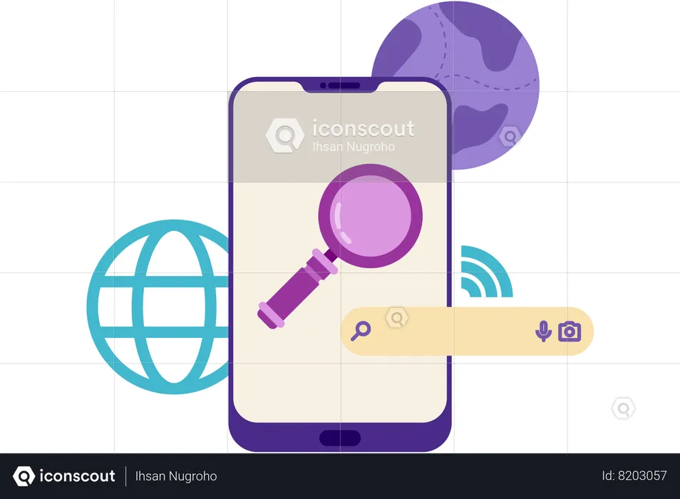 Buscando en teléfono inteligente  Ilustración
