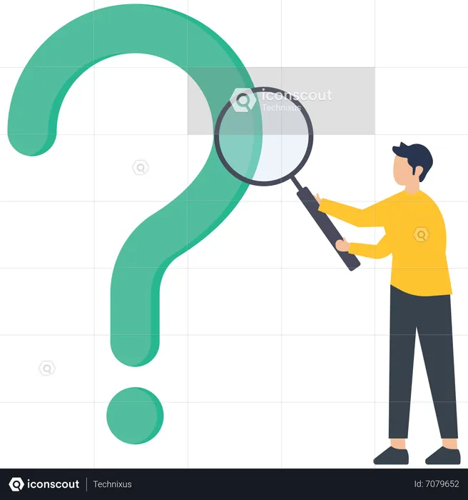 Business analyst using magnifying glass to analyze question marks  Illustration