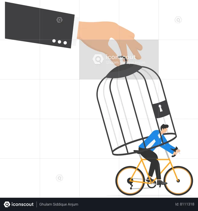 Business big hand catching small businessman with Bicycle with birdcage  Illustration