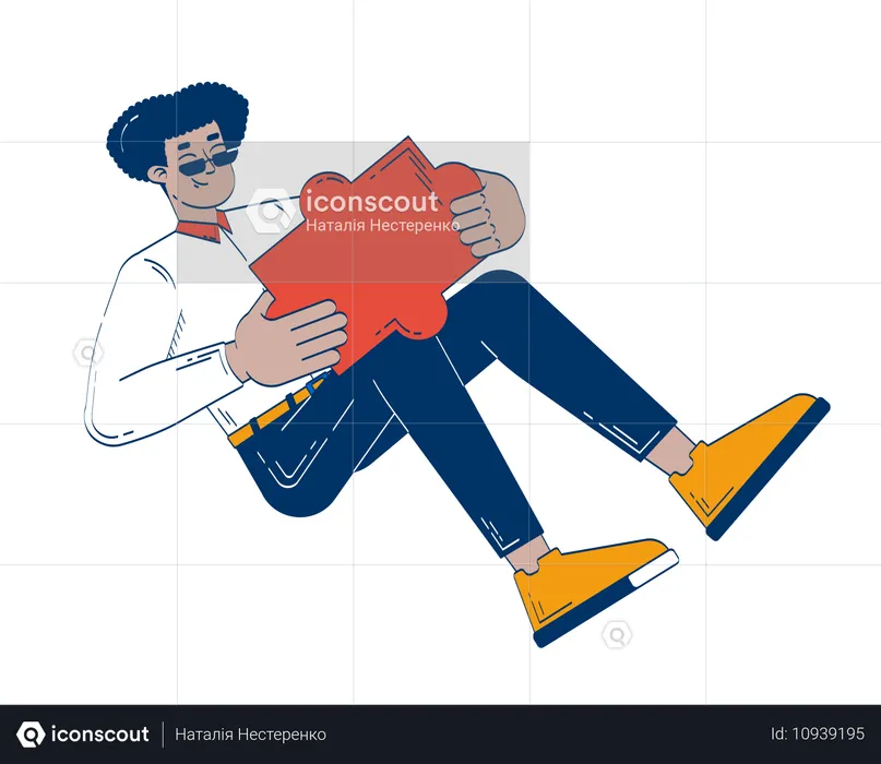 Business casual hispanic man holding large puzzle piece reclining  Illustration