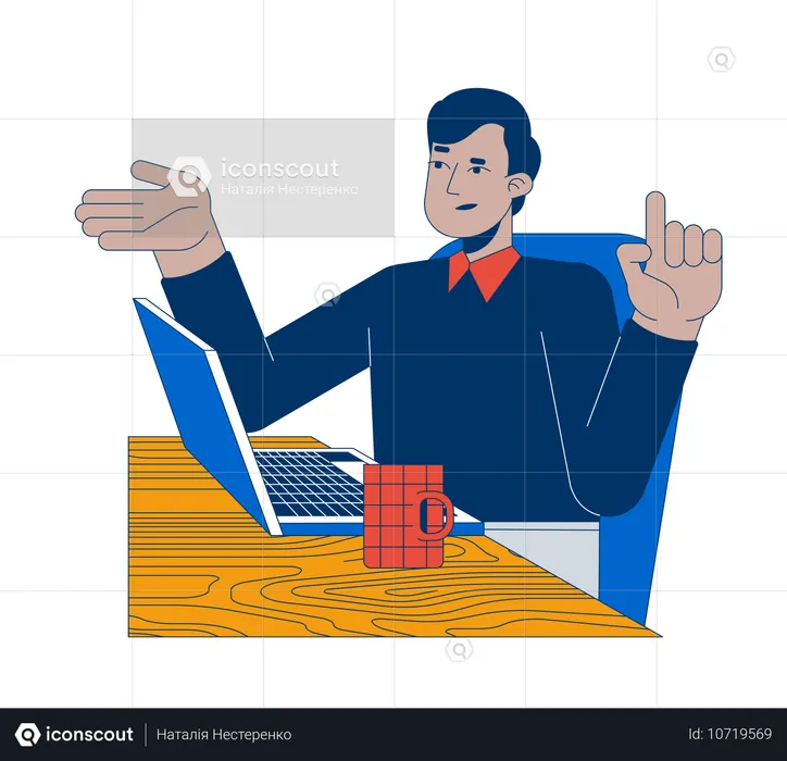 Business casual indian male employee reasoning at laptop  Illustration