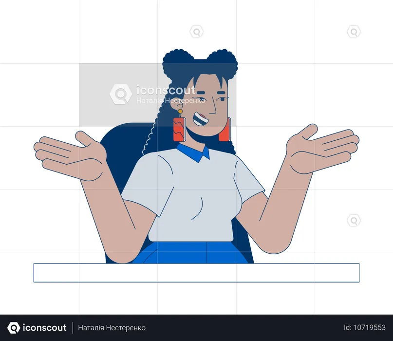 Business casual Latina Frau achselzuckend lächelnd am Schreibtisch  Illustration