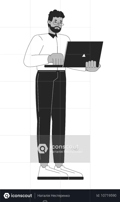 Business Casual schwarzer Mann steht mit Laptop tippen  Illustration