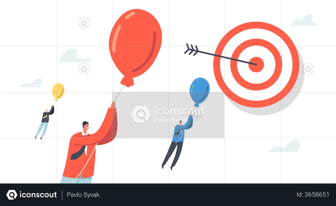 Business Characters on Balloons Flying to Distant Goal  Illustration