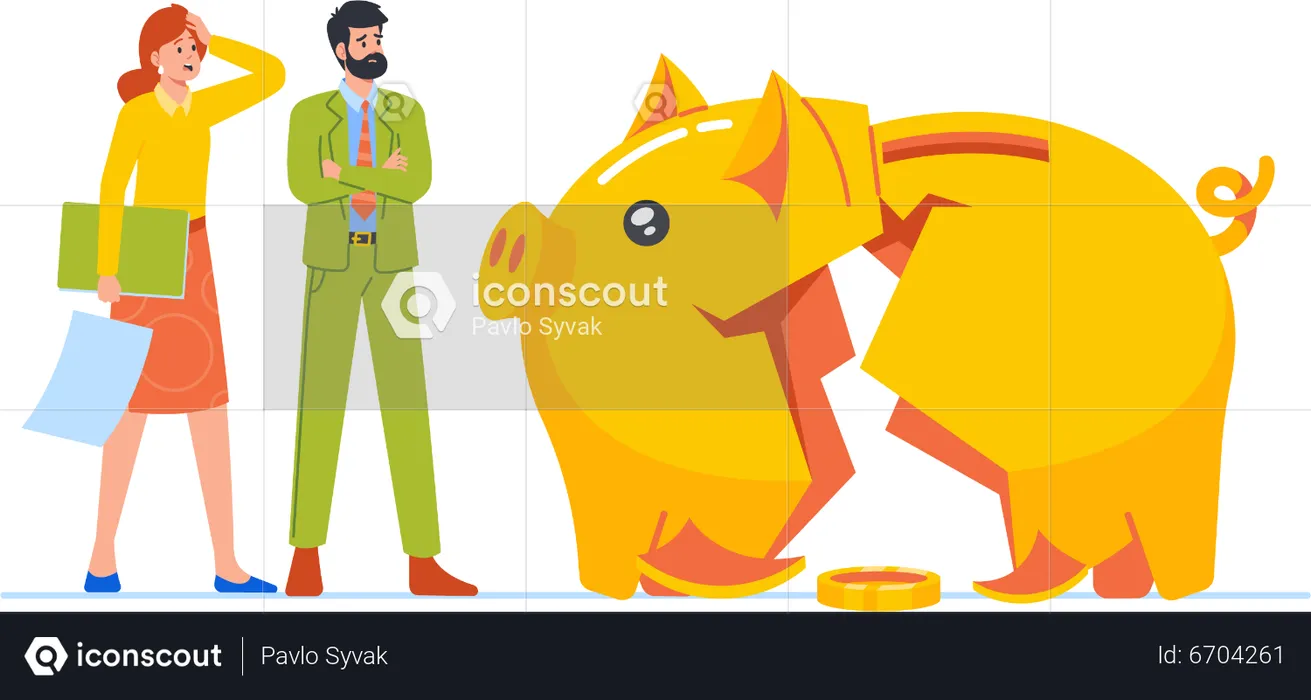 Business Characters Stand At Broken Piggy Bank With Last Coin  Illustration
