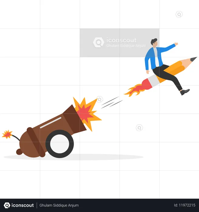 大砲から鉛筆を空に向けて発射するビジネスコーチ  イラスト