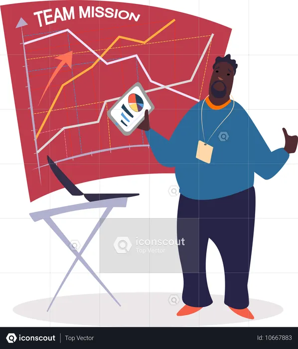 Business Coach with Team Mission Data Whiteboard  Illustration