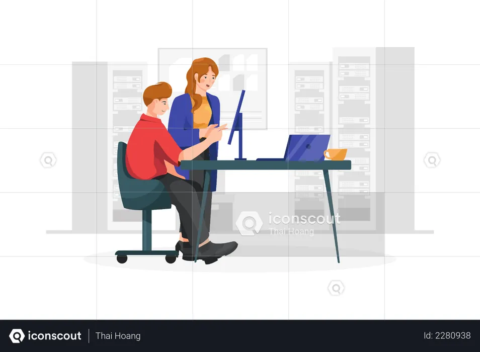 Business Colleague discussing project details watching computer screen  Illustration