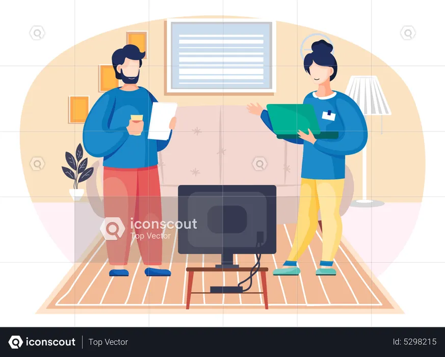 Business collogue with laptop talking together in the room  Illustration