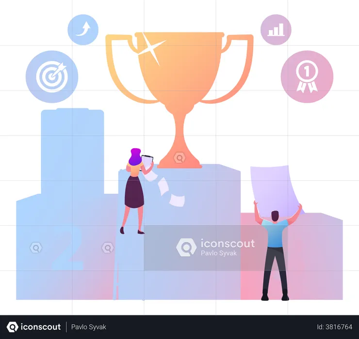 Business Competition Concept. Tiny Businessperson Characters Climbing On Pedestal With Golden Goblet On Top. Goal Achievement, Success Challenge And Leadership. Cartoon People Vector Illustration  Illustration