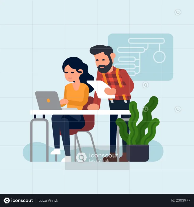 Business data and metrics analytics with two office workers parsing through documents together  Illustration