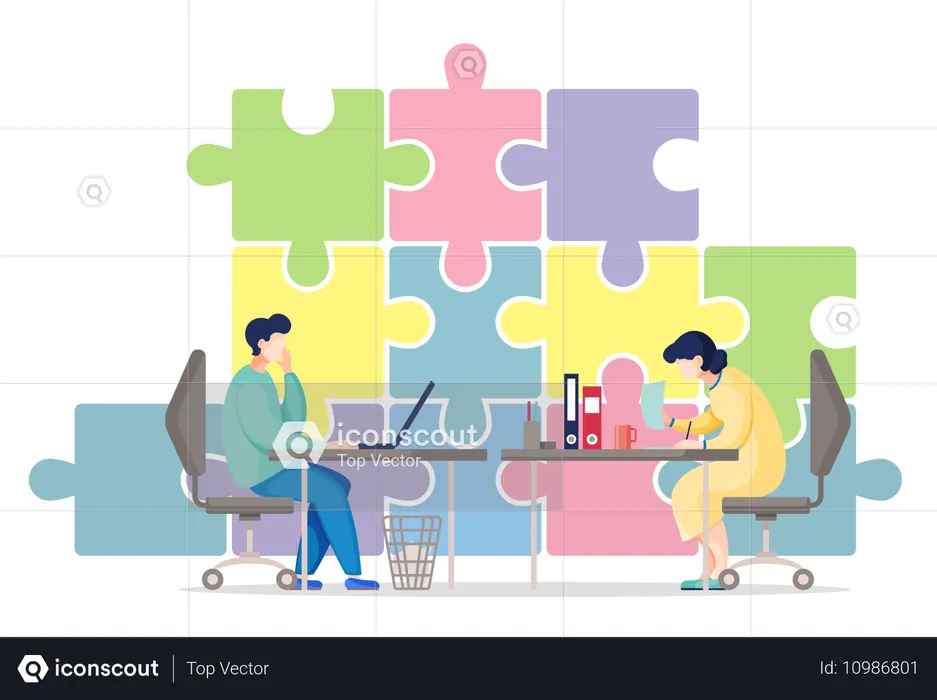 Business employee solving business puzzle  Illustration