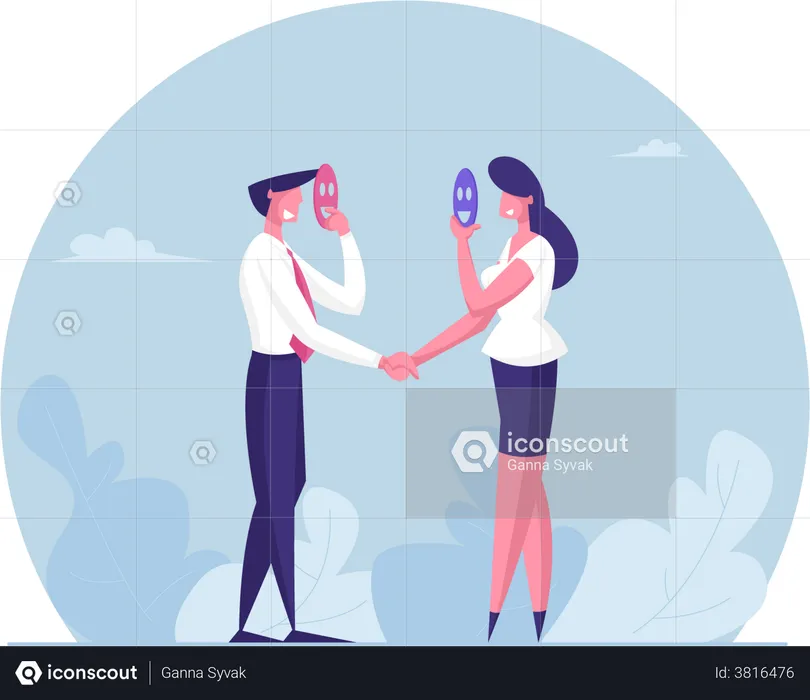 Business employees hiding reality while handshaking  Illustration