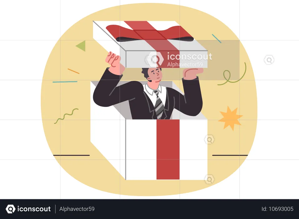 Business gift with man inside giant box decorated with red bow  Illustration