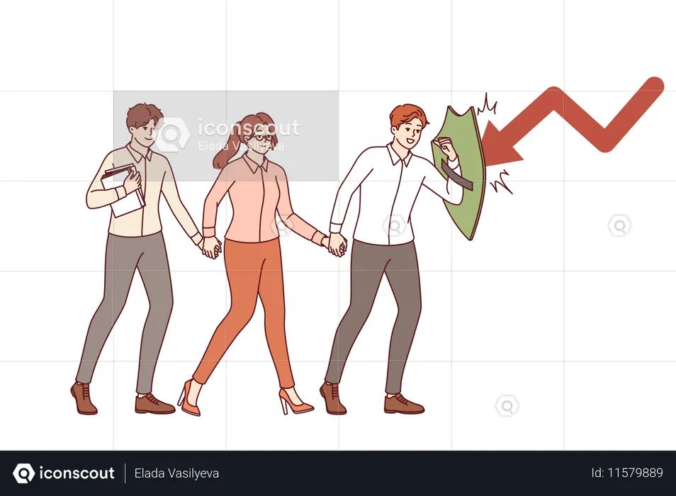 Business guide guides colleagues saving them from danger and fending off crises with shield  Illustration