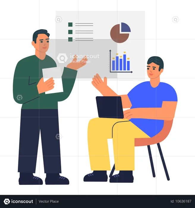 Business guys discuss about business report  Illustration