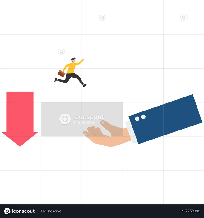 Business huge helping hand rescuing business person falling from downward arrow  Illustration