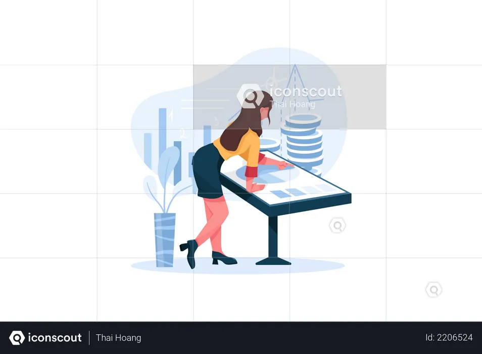 Business lady analyzing financial income with desk chart  Illustration