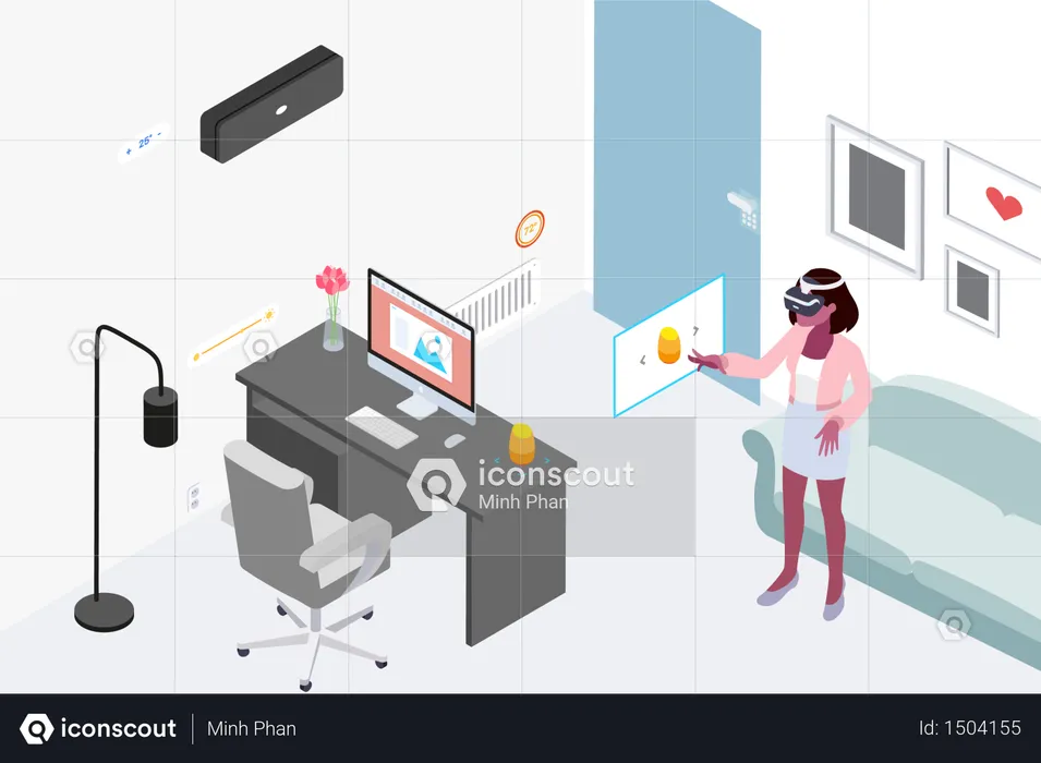 Business lady doing live presentation through vr glasses in office room  Illustration
