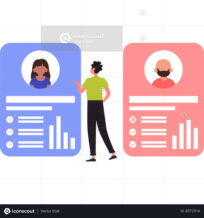 Business lady is comparing employees biodata  Illustration